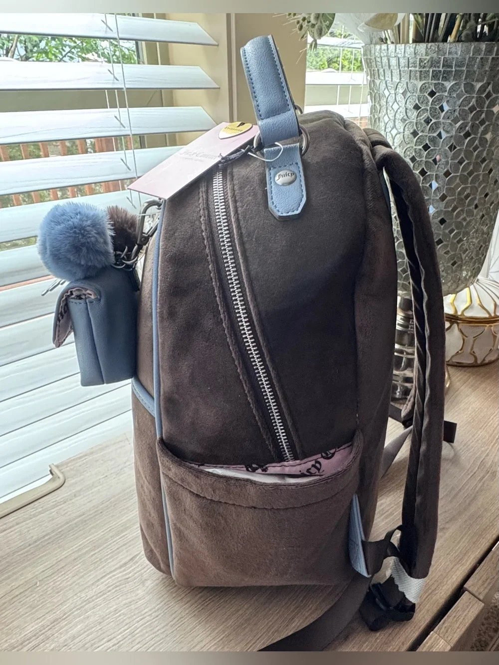 Juicy Couture Brown  Velour Backpack with Light Blue Charm Pouch